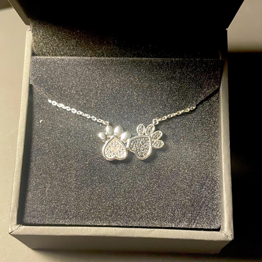 Sterling Silver Black and White Diamond paw necklace
